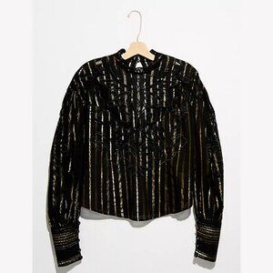 NWT Free People Golden Sand Metallic Striped Top Black Gold XS
